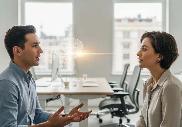Colleagues actively listening, resolving conflict calmly