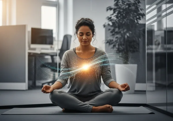Person practicing deep breathing to calm down at work